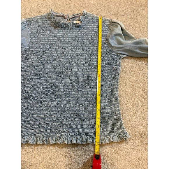 Veronica Beard Chambray Smocked Denim Top Ruffle Neck Puff Sleeve Blouse Women 2 - Picture 4 of 16